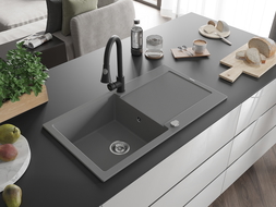 Mexen Leo granite sink 1-bowl with drainer and Elia kitchen tap, grey - 6501-71-670101-70