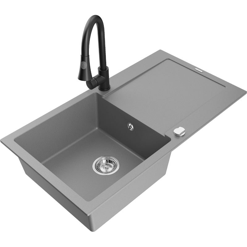 Mexen Leo 1-bowl granite sink with drainer and Elia kitchen faucet, gray - 6501-71-670101-70