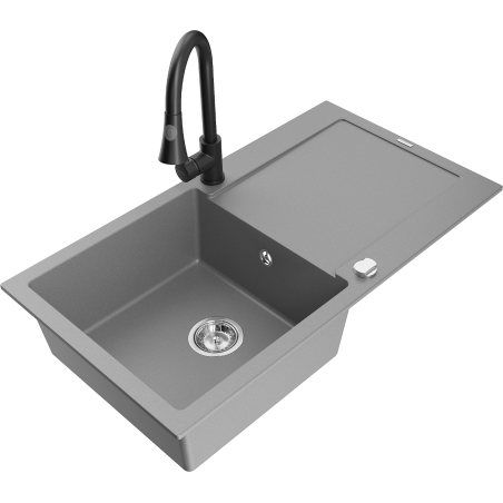 Mexen Leo granite sink 1-bowl with drainer and Elia kitchen tap, grey - 6501-71-670101-70