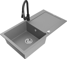 Mexen Leo 1-compartment granite sink with a drip tray and kitchen mixer tap Elia, Grey - 6501-71-670101-70