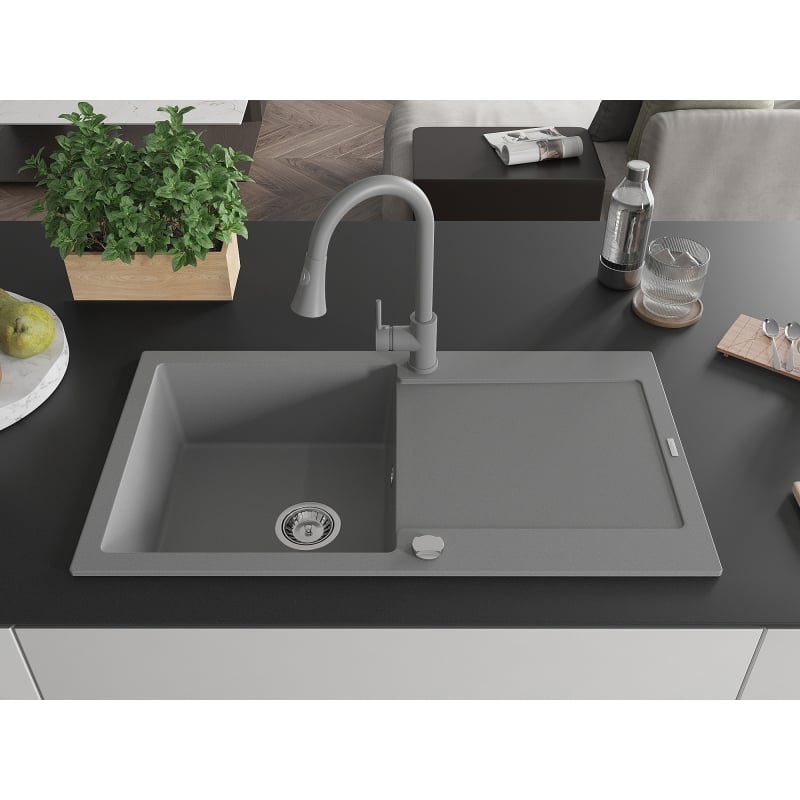 Mexen Leo 1-bowl granite sink with drainer and Elia kitchen faucet, gray - 6501-71-670101-71