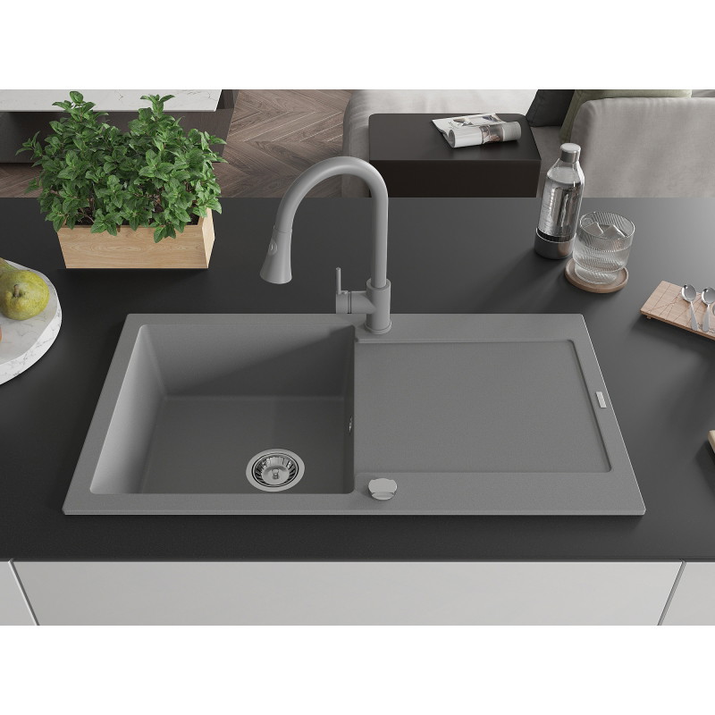 Mexen Leo 1-bowl granite sink with drainer and kitchen faucet Elia, gray - 6501-71-670101-71