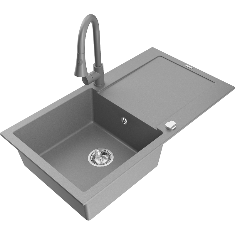 Mexen Leo 1-bowl granite sink with drainer and Elia kitchen tap, grey - 6501-71-670101-71