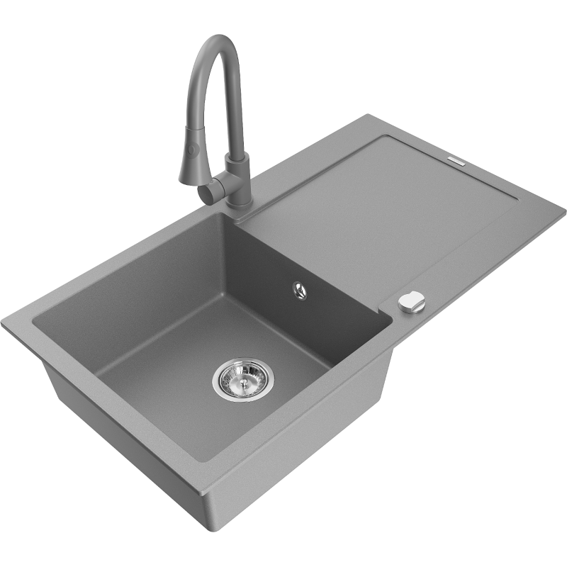Mexen Leo 1-compartment granite sink with a drip tray and kitchen mixer tap Elia, Grey - 6501-71-670101-71