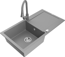 Mexen Leo 1-compartment granite sink with a drip tray and kitchen mixer tap Elia, Grey - 6501-71-670101-71