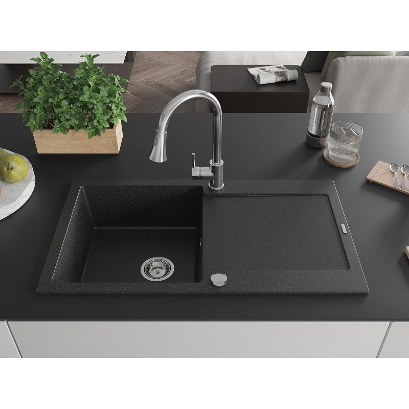 Mexen Leo 1-bowl granite kitchen sink with drainer and Elia kitchen faucet, black/silver metallic - 6501-73-670101-00
