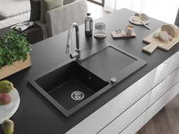 Mexen Leo 1-compartment granite sink with a drip tray and kitchen mixer tap Elia, Black/Silver metallic - 6501-73-670101-00