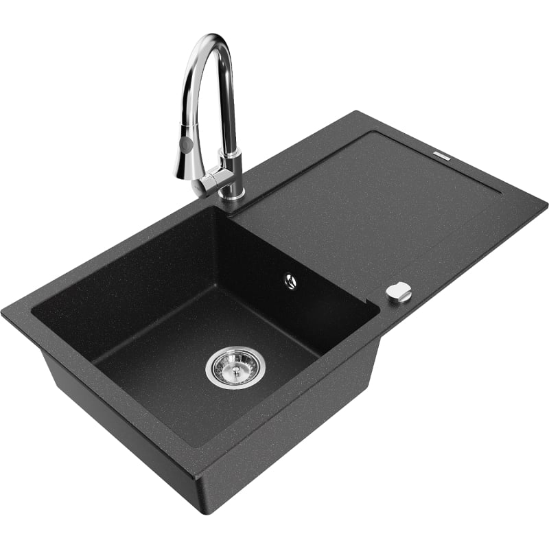 Mexen Leo 1-bowl granite sink with drainer and Elia kitchen faucet, black/silver metallic - 6501-73-670101-00