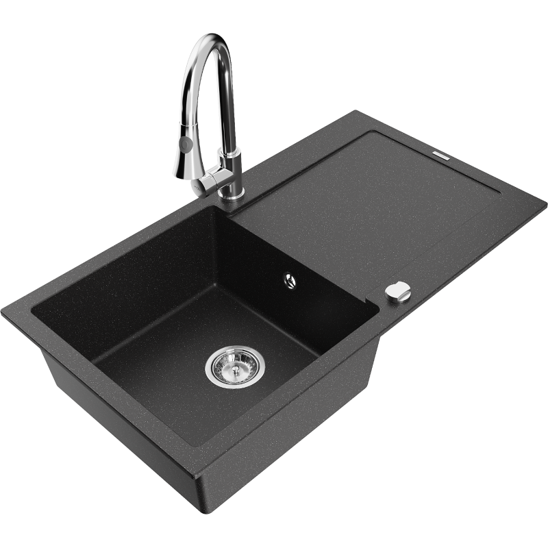 Mexen Leo 1-compartment granite sink with a drip tray and kitchen mixer tap Elia, Black/Silver metallic - 6501-73-670101-00