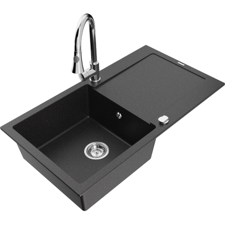 Mexen Leo 1-bowl granite kitchen sink with drainer and Elia kitchen faucet, black/silver metallic - 6501-73-670101-00
