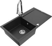 Mexen Leo 1-bowl granite sink with drainer and Elia kitchen faucet, black/silver metallic - 6501-73-670101-00