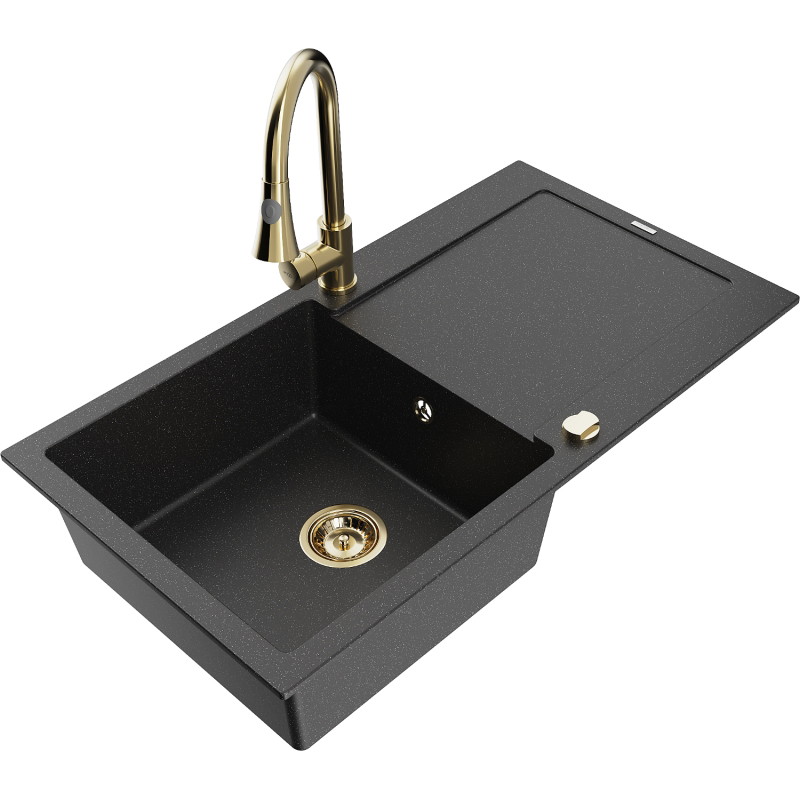 Mexen Leo 1-bowl granite sink with drainer and Elia kitchen faucet, black/silver metallic - 6501-73-670101-50
