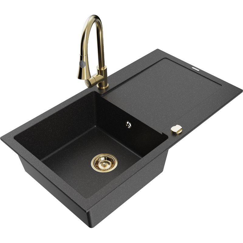 Mexen Leo 1-Bowl Granite Sink with Drainer and Elia Kitchen Tap, Black/Silver Metallic - 6501-73-670101-50