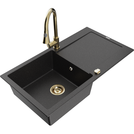 Mexen Leo granite single-bowl sink with drainer and Elia kitchen faucet, black/silver metallic - 6501-73-670101-50