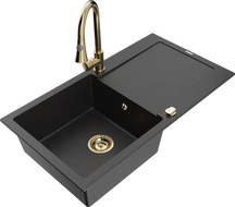 Mexen Leo 1-bowl granite sink with drainer and Elia kitchen faucet, black/silver metallic - 6501-73-670101-50