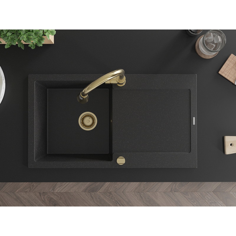 Mexen Leo granite single-bowl sink with drainer and Elia kitchen faucet, black/silver metallic - 6501-73-670101-50
