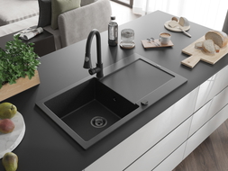 Mexen Leo 1-bowl granite sink with drainer and Elia kitchen faucet, black/silver metallic - 6501-73-670101-70-B
