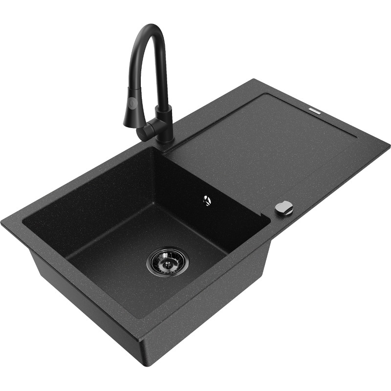 Mexen Leo 1-bowl granite sink with drainer and Elia kitchen faucet, black/silver metallic - 6501-73-670101-70-B
