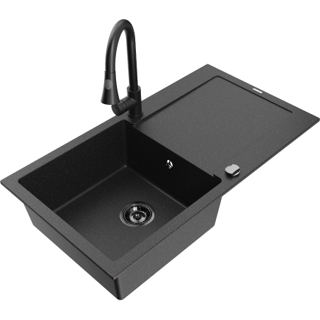 Mexen Leo 1-bowl granite sink with drainer and Elia kitchen tap, black/silver metallic - 6501-73-670101-70-B