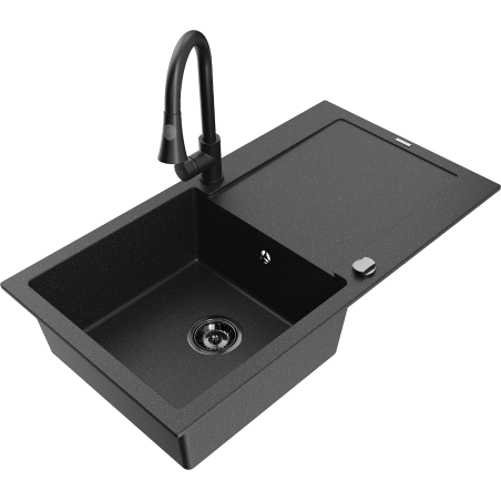 Mexen Leo Granite Kitchen Sink 1-Bowl with Drainer and Elia Kitchen Faucet, Black/Silver Metallic - 6501-73-670101-70-B