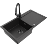 Mexen Leo 1-bowl granite sink with drainer and Elia kitchen tap, black/silver metallic - 6501-73-670101-70-B