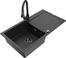 Mexen Leo 1-bowl granite sink with drainer and Elia kitchen faucet, black/silver metallic - 6501-73-670101-70-B