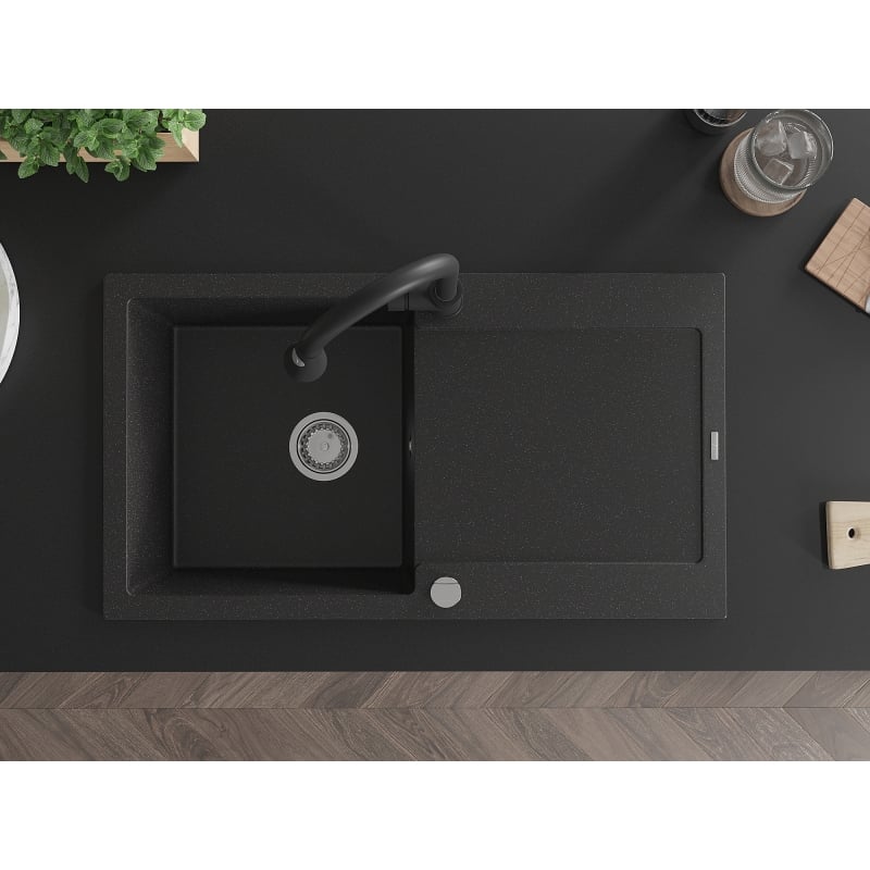 Mexen Leo granite kitchen sink 1-bowl with drainer and kitchen faucet Elia, black/silver metallic - 6501-73-670101-70