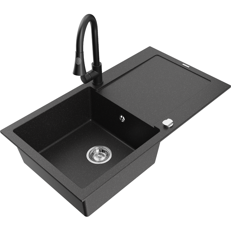 Mexen Leo granite sink 1-bowl with drainer and Elia kitchen tap, black/silver metallic - 6501-73-670101-70