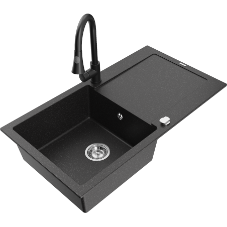Mexen Leo 1-bowl granite sink with drainer and Elia kitchen faucet, black/silver metallic - 6501-73-670101-70