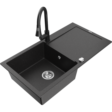Mexen Leo granite kitchen sink 1-bowl with drainer and kitchen faucet Elia, black/silver metallic - 6501-73-670101-70
