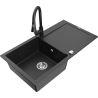 Mexen Leo granite sink 1-bowl with drainer and Elia kitchen tap, black/silver metallic - 6501-73-670101-70