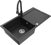 Mexen Leo 1-bowl granite sink with drainer and Elia kitchen faucet, black/silver metallic - 6501-73-670101-70