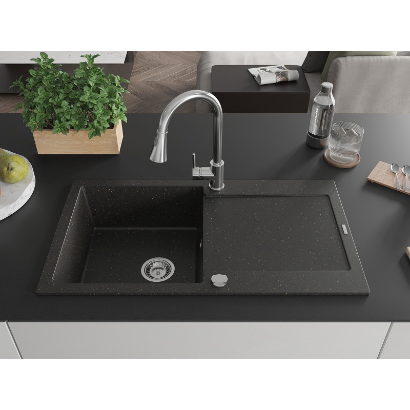 Mexen Leo granite kitchen sink with 1 bowl, drainer, and Elia faucet, black/gold metallic - 6501-75-670101-00