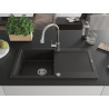Mexen Leo granite kitchen sink with 1 bowl, drainer, and Elia faucet, black/gold metallic - 6501-75-670101-00