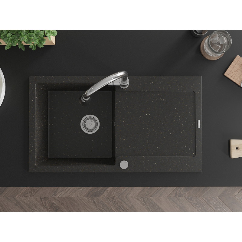 Mexen Leo granite kitchen sink with 1 bowl, drainer, and Elia faucet, black/gold metallic - 6501-75-670101-00