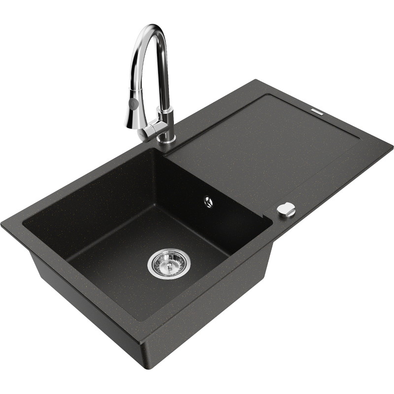 Mexen Leo granite kitchen sink with 1 bowl, drainer, and Elia faucet, black/gold metallic - 6501-75-670101-00