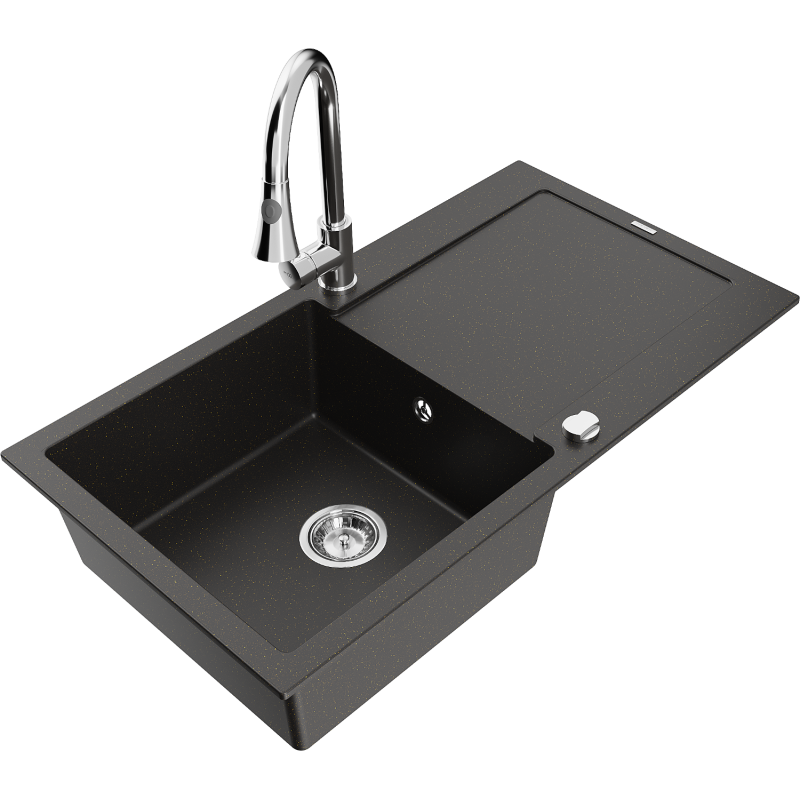 Mexen Leo granite sink single bowl with drainer and Elia kitchen tap, black/gold metallic - 6501-75-670101-00
