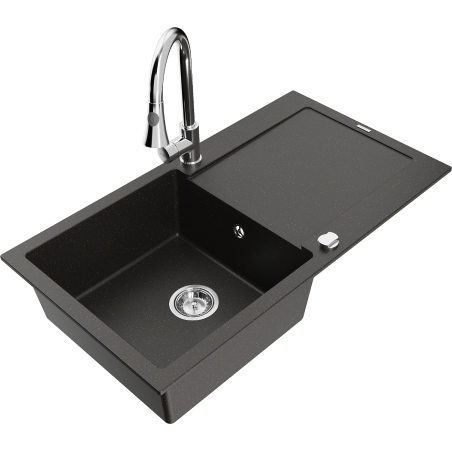 Mexen Leo granite sink 1-bowl with drainer and kitchen faucet Elia, black/gold metallic - 6501-75-670101-00