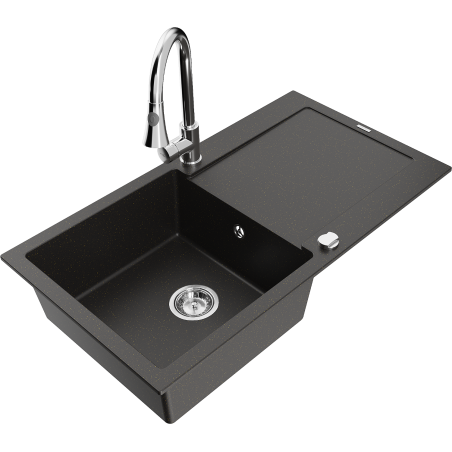 Mexen Leo granite sink single bowl with drainer and Elia kitchen tap, black/gold metallic - 6501-75-670101-00