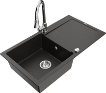 Mexen Leo granite sink 1-bowl with drainer and kitchen faucet Elia, black/gold metallic - 6501-75-670101-00
