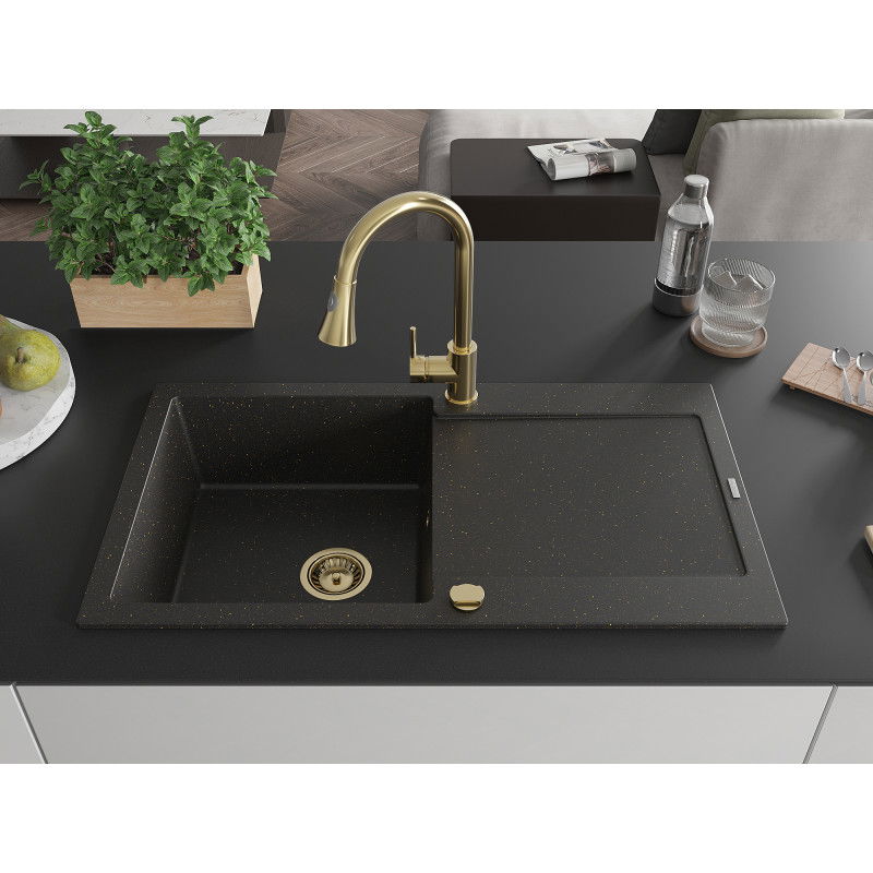Mexen Leo 1-bowl Granite Sink with Drainer and Elia Kitchen Tap, Black/Gold Metallic - 6501-75-670101-50