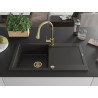 Mexen Leo 1-bowl granite sink with drainer and Elia kitchen faucet, black/gold metallic - 6501-75-670101-50