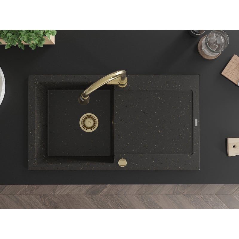 Mexen Leo 1-bowl granite sink with drainer and Elia kitchen faucet, black/gold metallic - 6501-75-670101-50