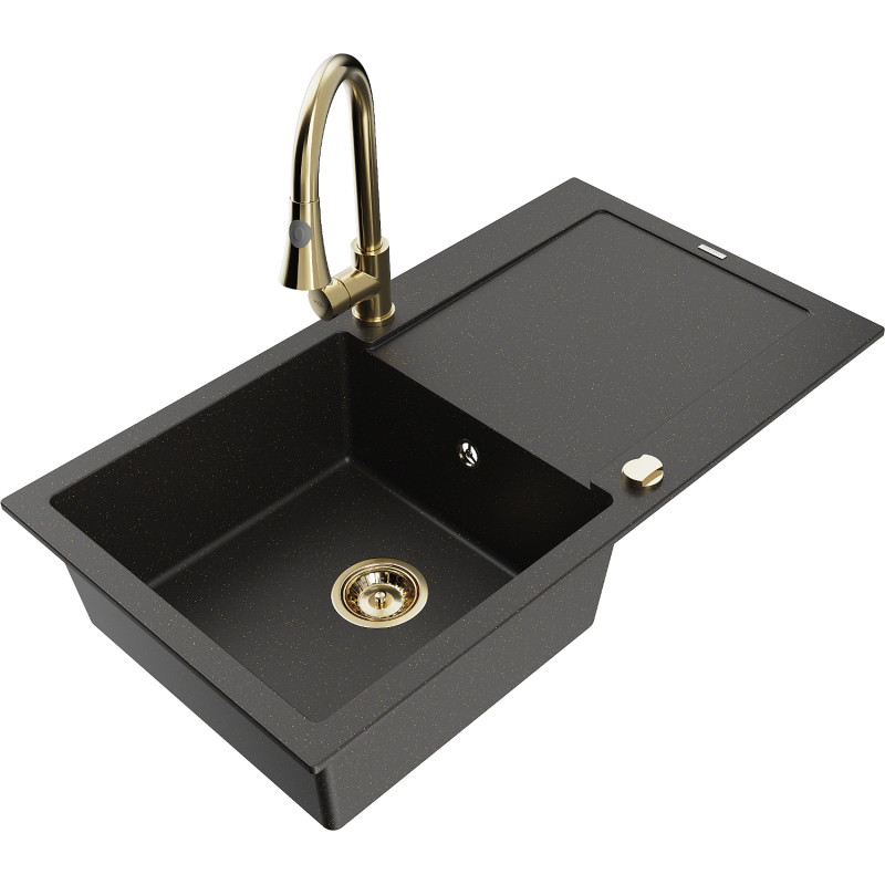 Mexen Leo 1-bowl granite sink with drainer and Elia kitchen faucet, black/gold metallic - 6501-75-670101-50