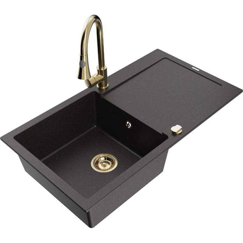 Mexen Leo 1-bowl Granite Sink with Drainer and Elia Kitchen Tap, Black/Gold Metallic - 6501-75-670101-50