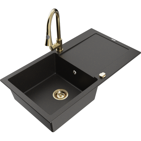 Mexen Leo 1-bowl granite sink with drainer and Elia kitchen faucet, black/gold metallic - 6501-75-670101-50