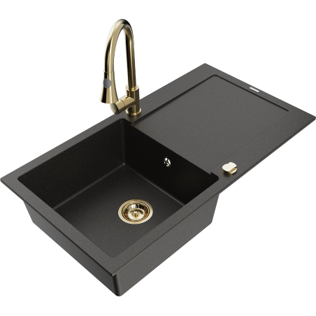 Mexen Leo 1-bowl Granite Sink with Drainer and Elia Kitchen Tap, Black/Gold Metallic - 6501-75-670101-50