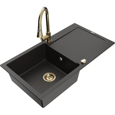 Mexen Leo 1-compartment granite sink with a drip tray and kitchen mixer tap Elia, Black/Gold metallic - 6501-75-670101-50