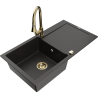 Mexen Leo 1-bowl granite sink with drainer and Elia kitchen faucet, black/gold metallic - 6501-75-670101-50