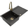 Mexen Leo 1-bowl Granite Sink with Drainer and Elia Kitchen Tap, Black/Gold Metallic - 6501-75-670101-50
